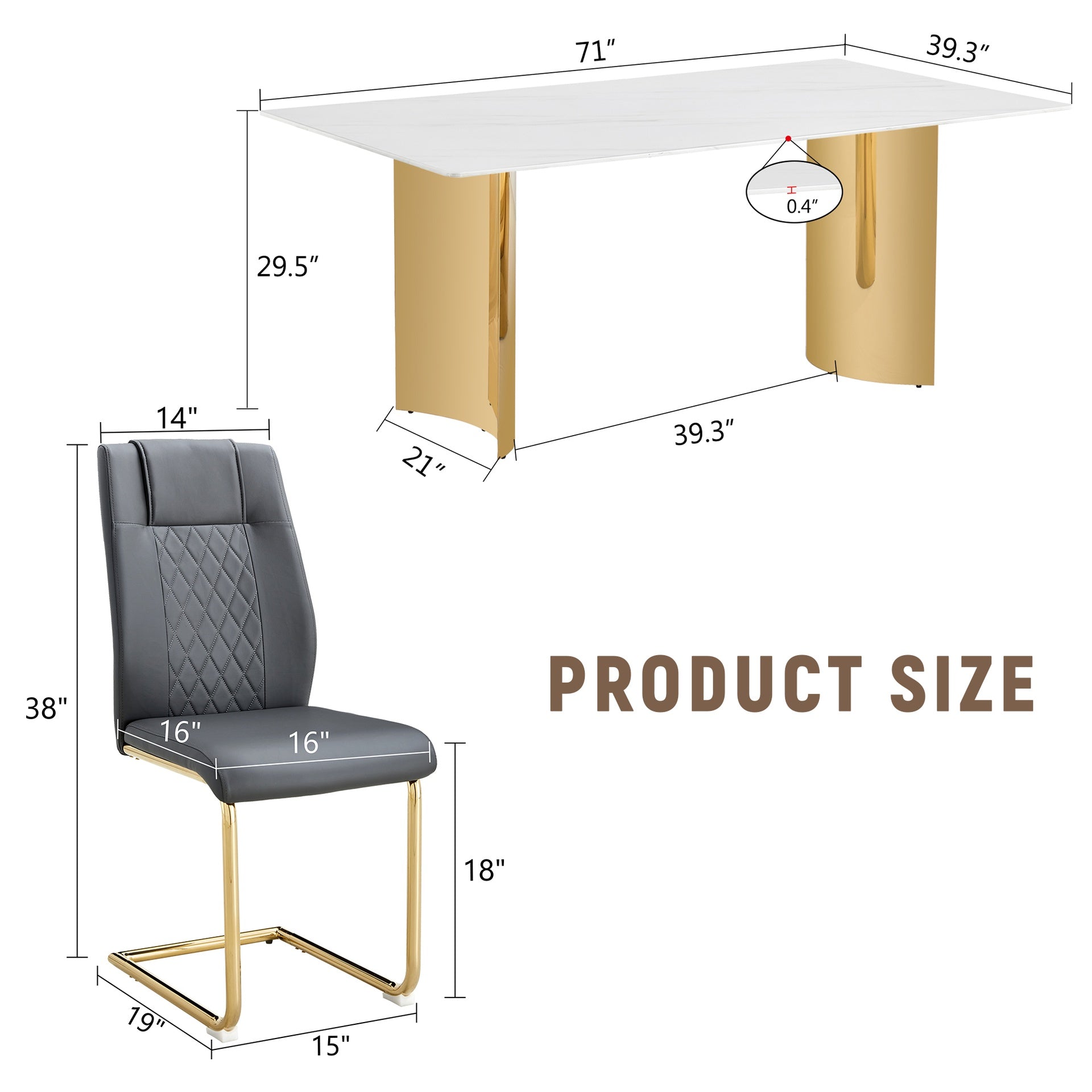 Table and chair set.The table has a glass tabletop with imitation marble pattern sticker and stainless steel golden table legs.Paried with 8 comfortable chairs with PU seats and metal legs.W1151S01528