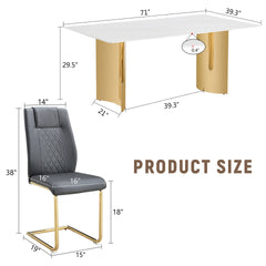 Table and chair set.The table has a glass tabletop with imitation marble pattern sticker and stainless steel golden table legs.Paried with 8 comfortable chairs with PU seats and metal legs.W1151S01528