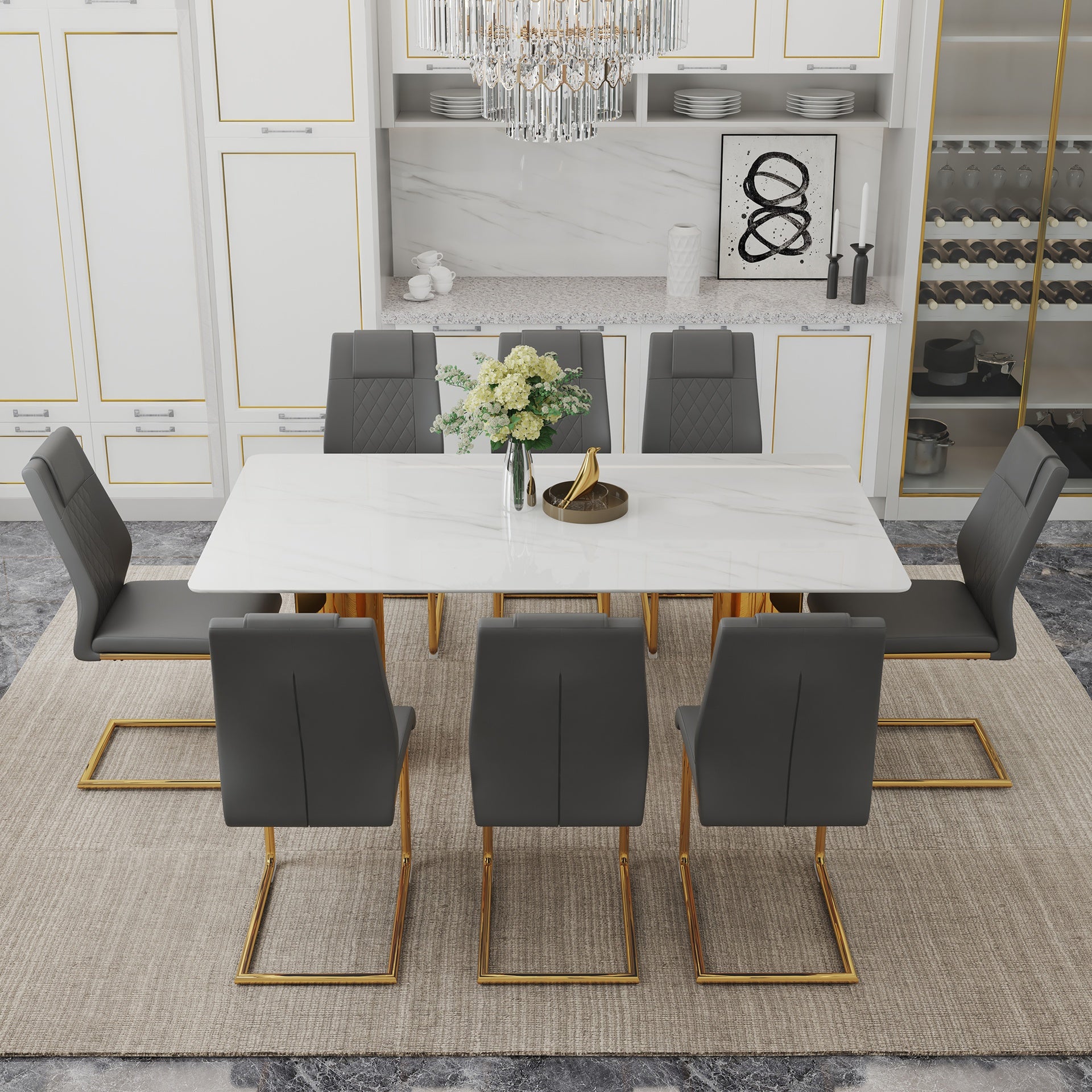 Table and chair set.The table has a glass tabletop with imitation marble pattern sticker and stainless steel golden table legs.Paried with 8 comfortable chairs with PU seats and metal legs.W1151S01528