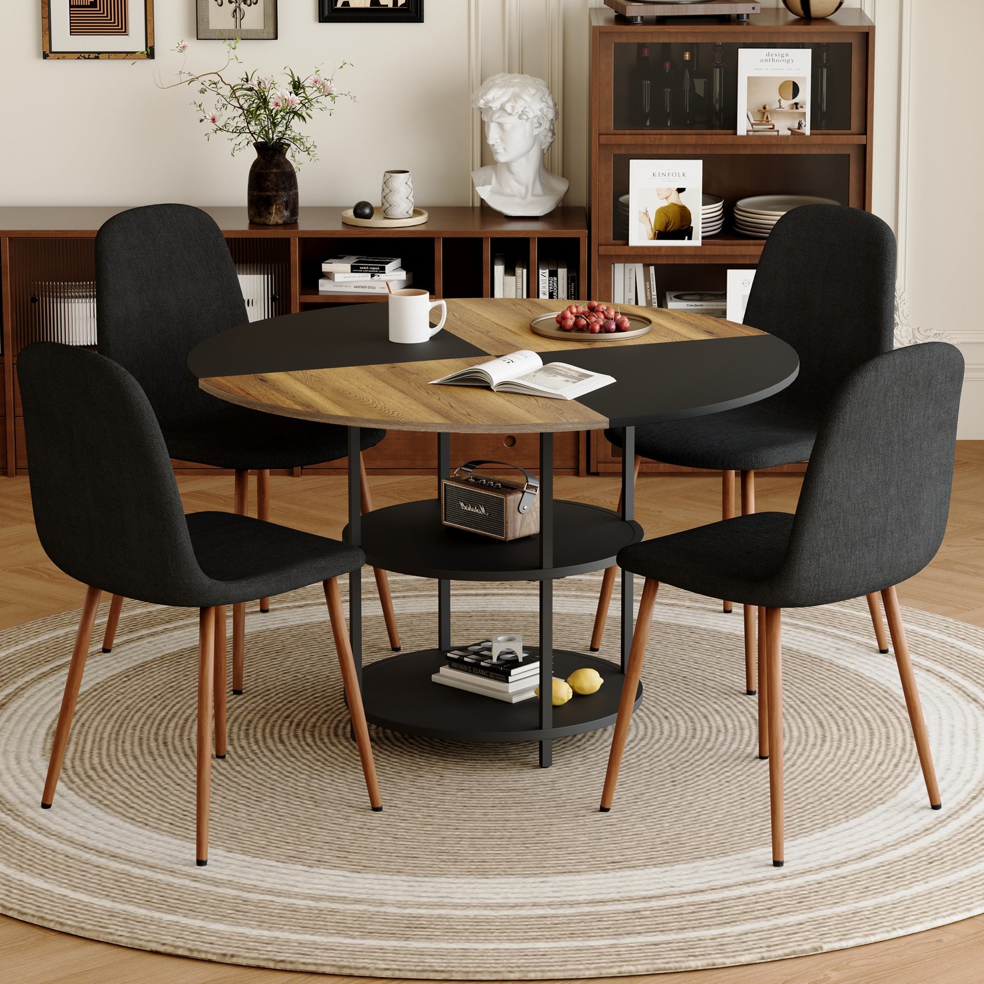 Table and chair set.A 47.3-inch diameter modern splicing circular dining table - double-layer storage.Paired With 4 Black Linen-Cotton Material High Resilience Dining Chair with Metal Walnut Leg.