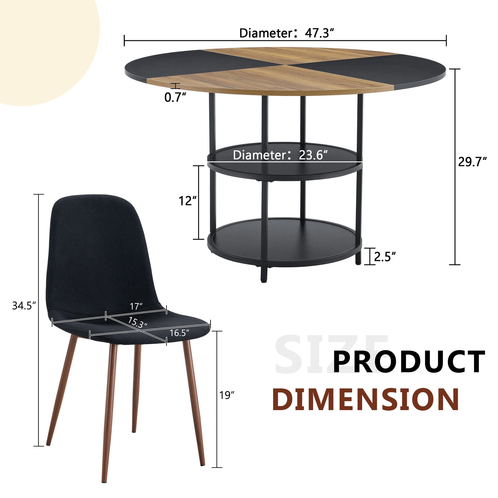 Table and chair set.A 47.3-inch diameter modern splicing circular dining table - double-layer storage.Paired With 4 Black Linen-Cotton Material High Resilience Dining Chair with Metal Walnut Leg.
