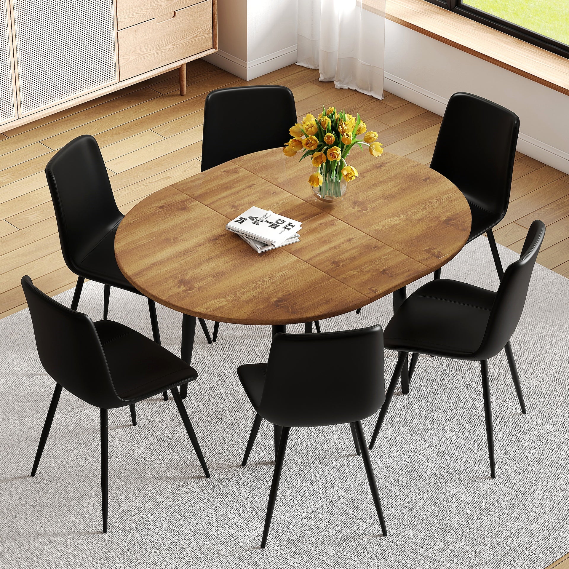 Table and chair set.Modern Extendable MDF Dining Table.Suitable for gatherings of different size.Paired with 6 Black Artificial PU Chairs With Curved Widened Cushion Design.