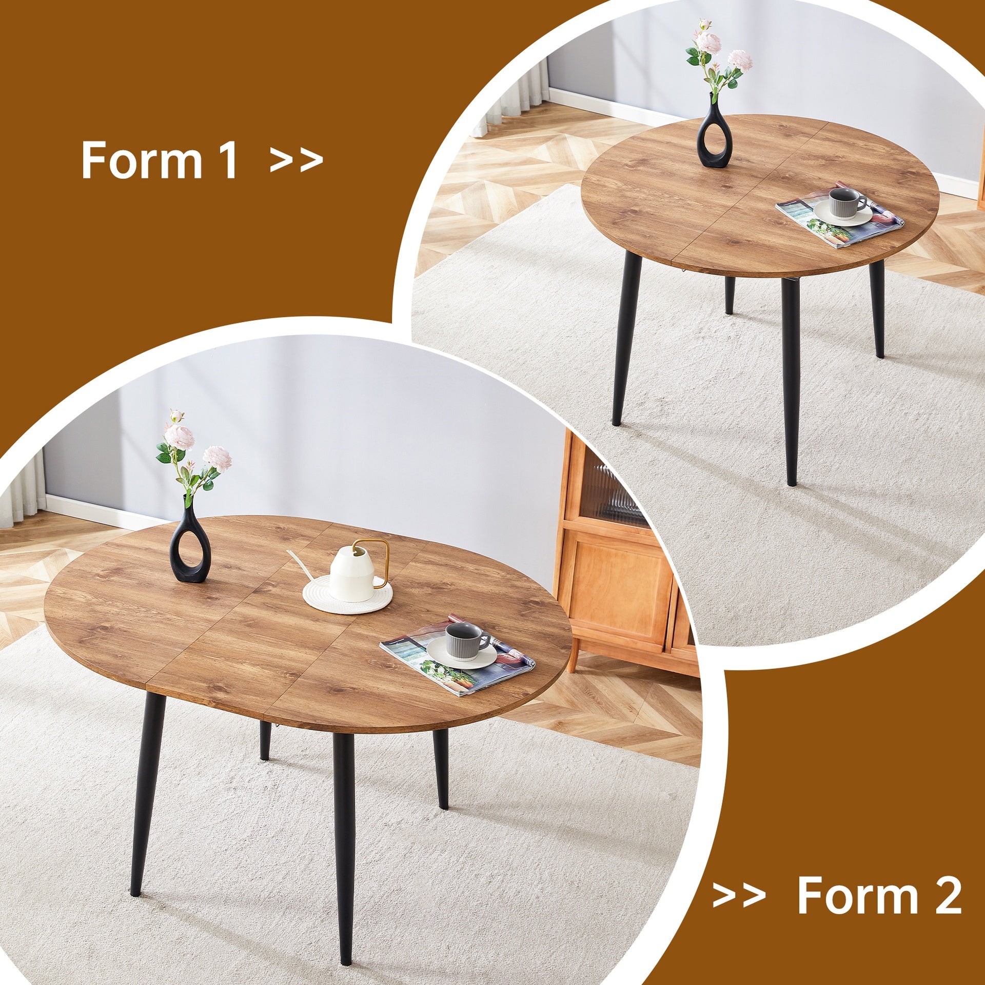 Table and chair set.Modern Extendable MDF Dining Table.Suitable for gatherings of different size.Paired with 6 Black Artificial PU Chairs With Curved Widened Cushion Design.