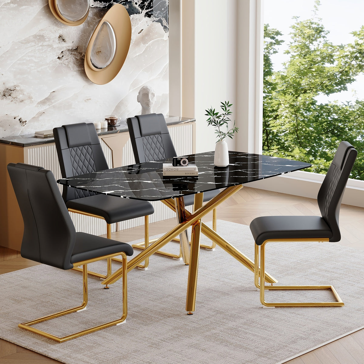 Table and chair set.63"x35.4"x30" Luxurious Black Marble-Patterned Tempered Glass Dining Table.Single Fork Golden Metal Table Legs.Paried With 4 Black High-quality PU Chairs With Arched Metal Legs.