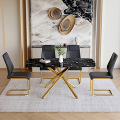 Table and chair set.63"x35.4"x30" Luxurious Black Marble-Patterned Tempered Glass Dining Table.Single Fork Golden Metal Table Legs.Paried With 4 Black High-quality PU Chairs With Arched Metal Legs.