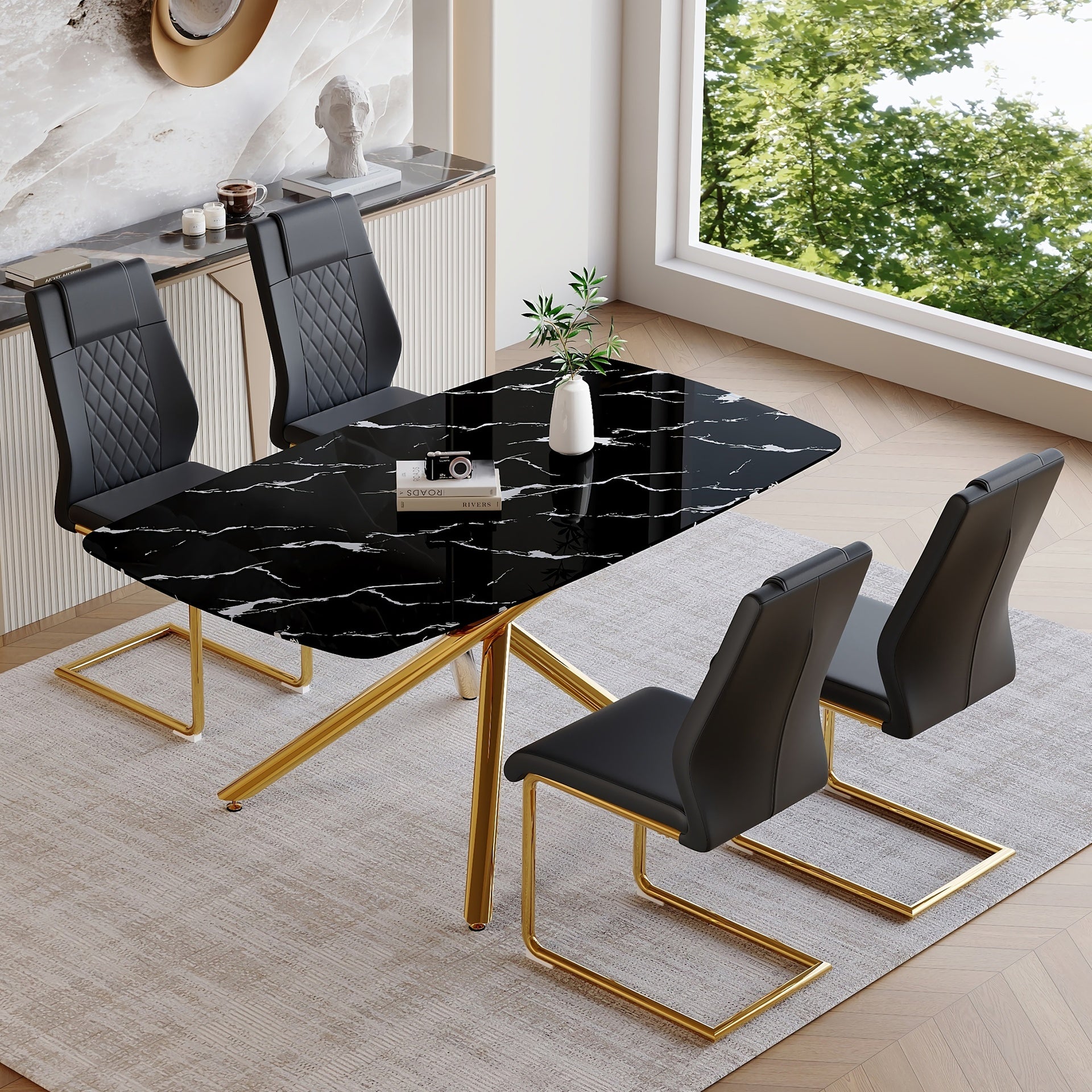 Table and chair set.63"x35.4"x30" Luxurious Black Marble-Patterned Tempered Glass Dining Table.Single Fork Golden Metal Table Legs.Paried With 4 Black High-quality PU Chairs With Arched Metal Legs.