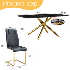 Table and chair set.63"x35.4"x30" Luxurious Black Marble-Patterned Tempered Glass Dining Table.Single Fork Golden Metal Table Legs.Paried With 4 Black High-quality PU Chairs With Arched Metal Legs.