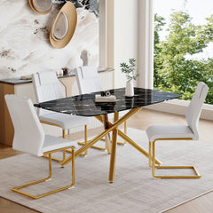 Table and chair set.63"x35.4"x30" Luxurious Black Marble-Patterned Tempered Glass Dining Table.Single Fork Golden Metal Table Legs.Paried With 4 White High-quality PU Chairs With Arched Metal Legs.