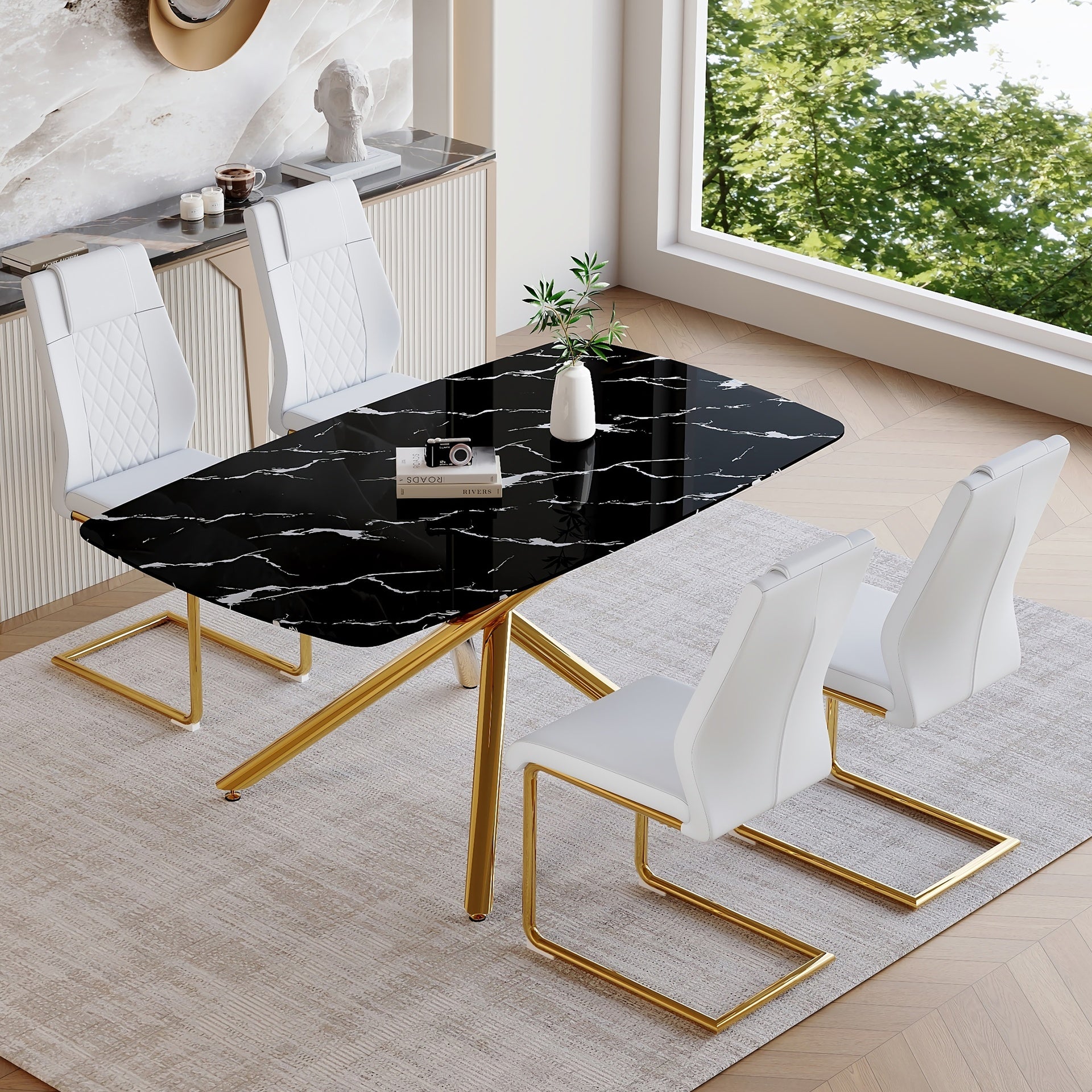 Table and chair set.63"x35.4"x30" Luxurious Black Marble-Patterned Tempered Glass Dining Table.Single Fork Golden Metal Table Legs.Paried With 4 White High-quality PU Chairs With Arched Metal Legs.