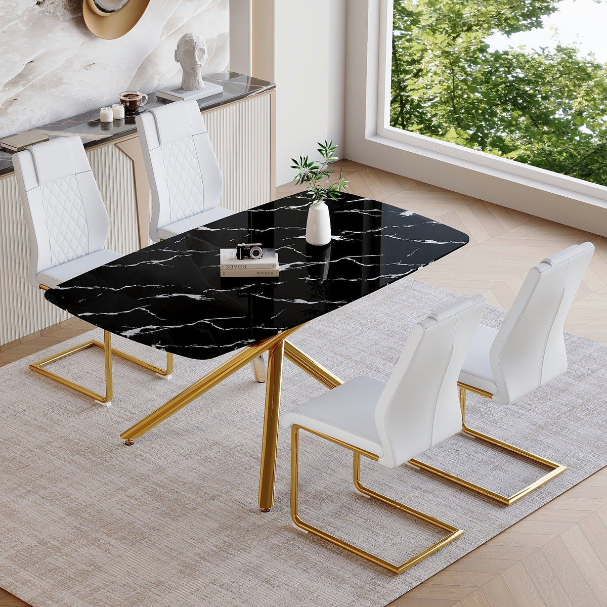Table and chair set.63"x35.4"x30" Luxurious Black Marble-Patterned Tempered Glass Dining Table.Single Fork Golden Metal Table Legs.Paried With 4 White High-quality PU Chairs With Arched Metal Legs.
