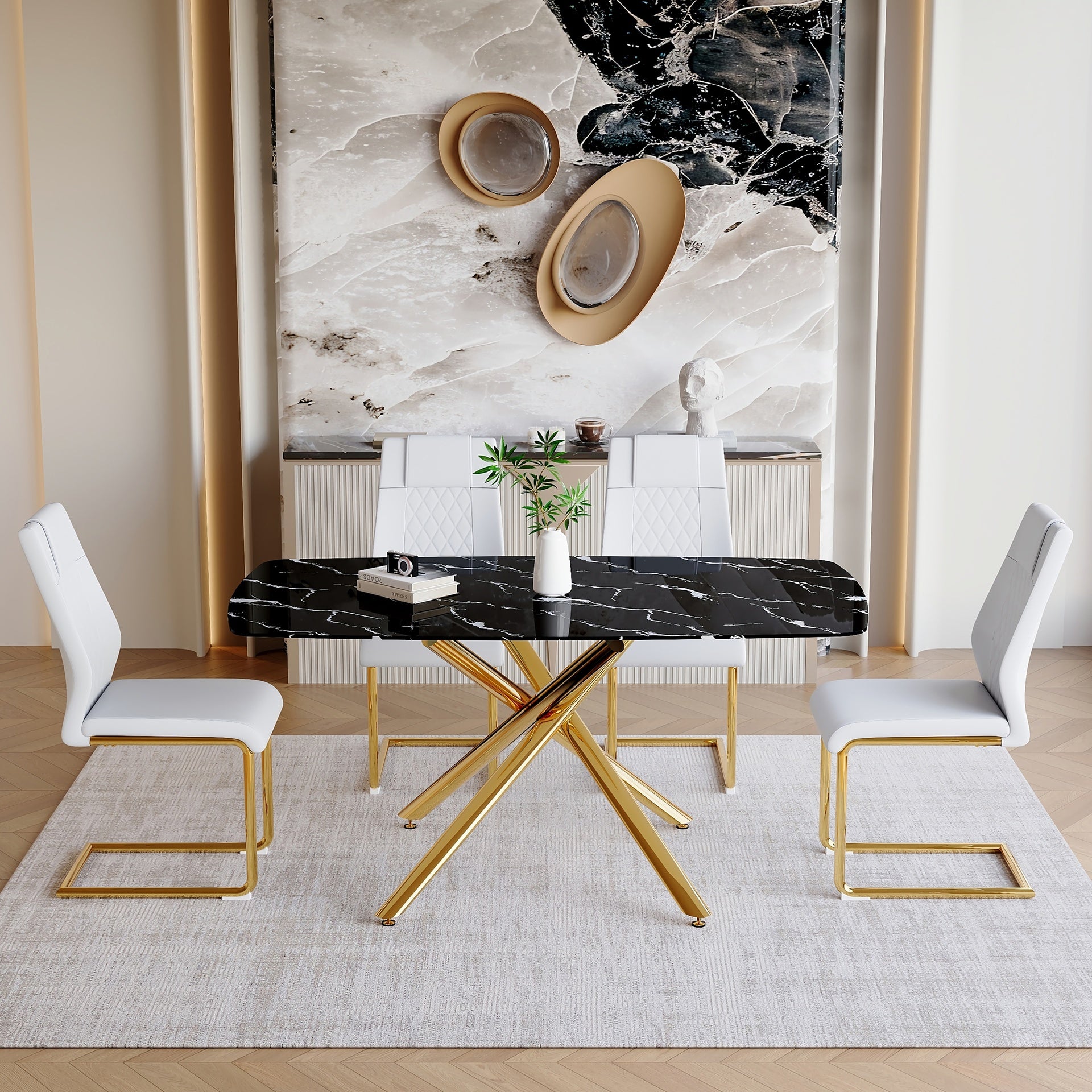 Table and chair set.63"x35.4"x30" Luxurious Black Marble-Patterned Tempered Glass Dining Table.Single Fork Golden Metal Table Legs.Paried With 4 White High-quality PU Chairs With Arched Metal Legs.