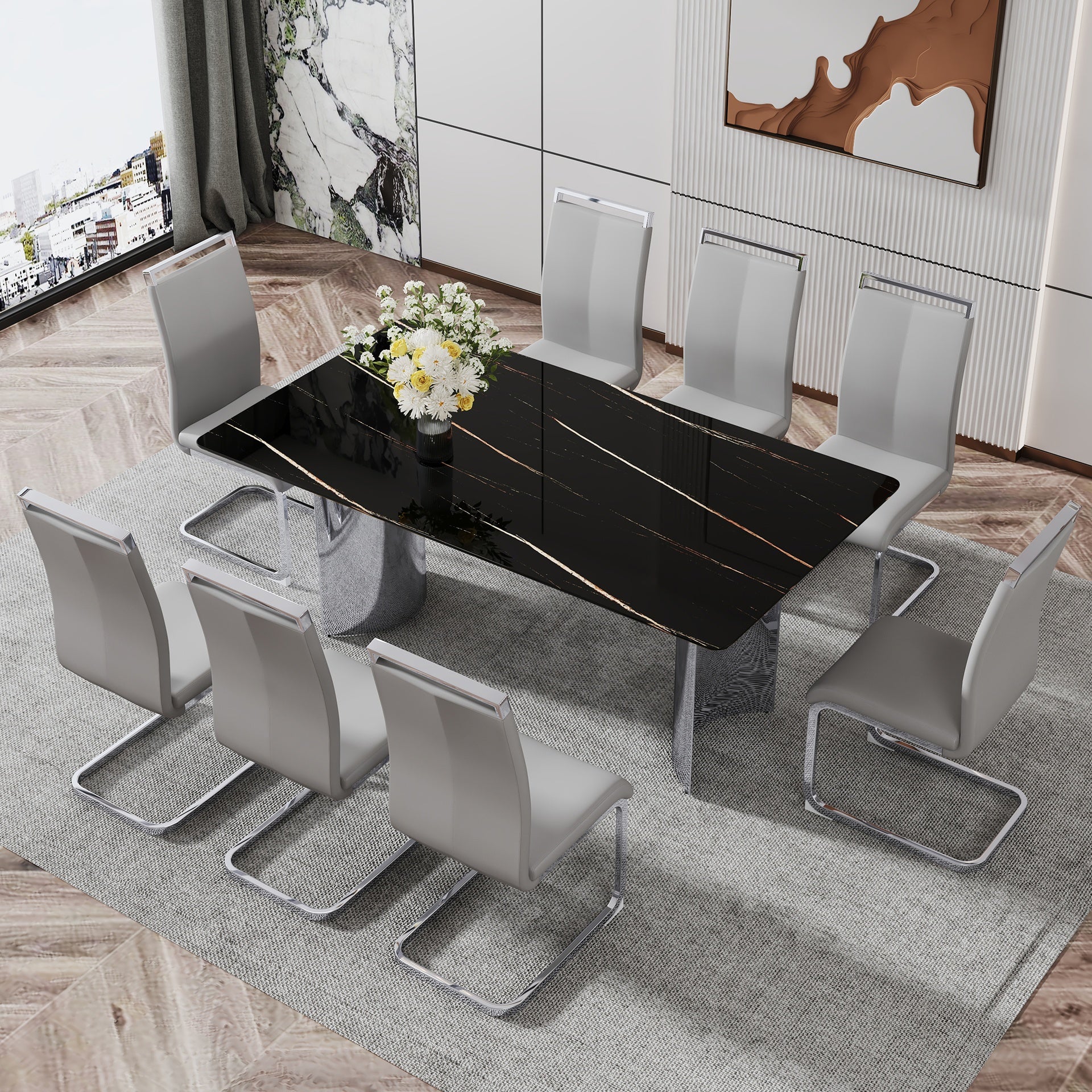 Table and chair set.The table has a glass top with imitation marble pattern stickers and stainless steel silver legs.Paired with 8 Light Gray PU Chairs with Silver C-tube Metal Leg.