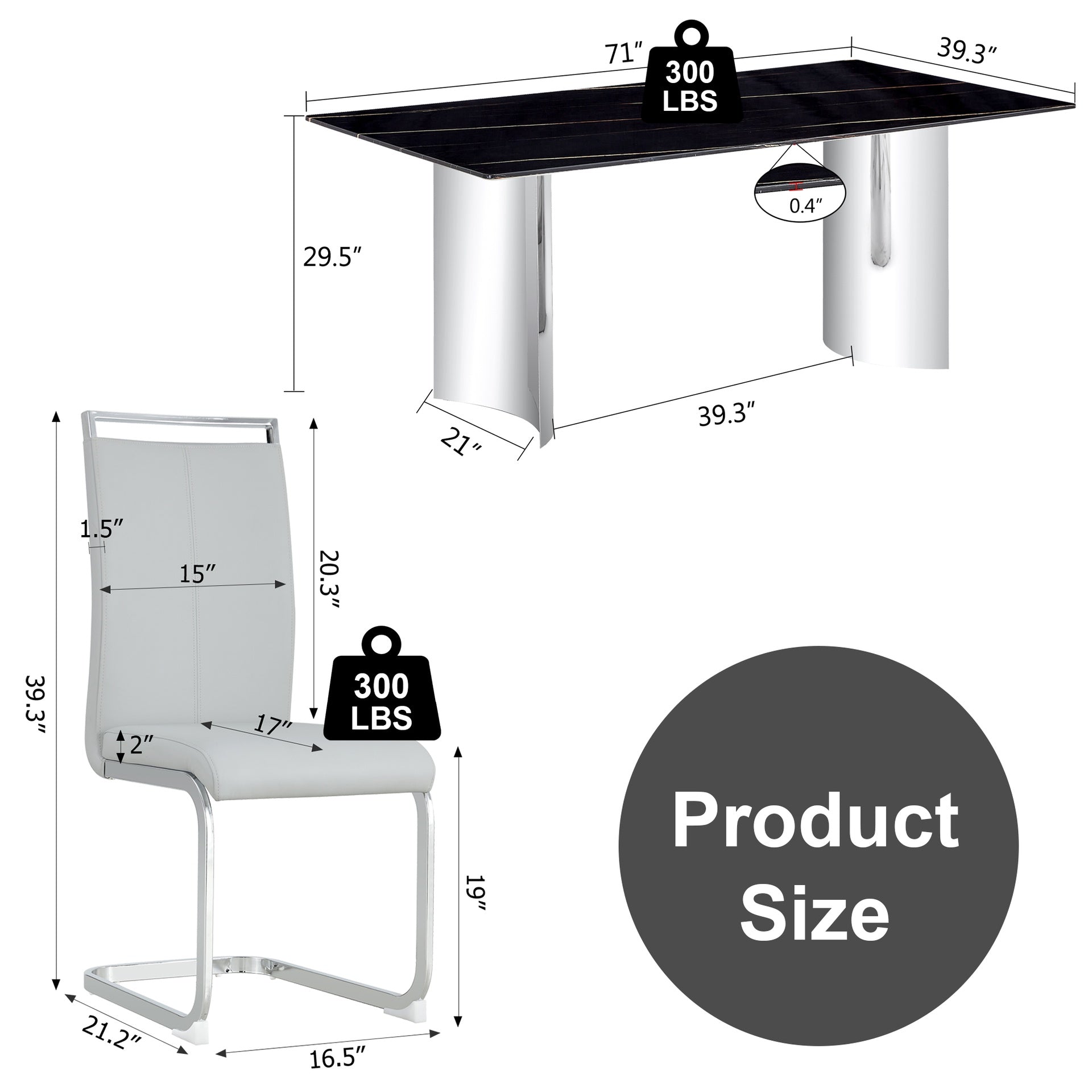 Table and chair set.The table has a glass top with imitation marble pattern stickers and stainless steel silver legs.Paired with 8 Light Gray PU Chairs with Silver C-tube Metal Leg.