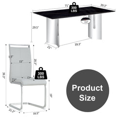 Table and chair set.The table has a glass top with imitation marble pattern stickers and stainless steel silver legs.Paired with 8 Light Gray PU Chairs with Silver C-tube Metal Leg.