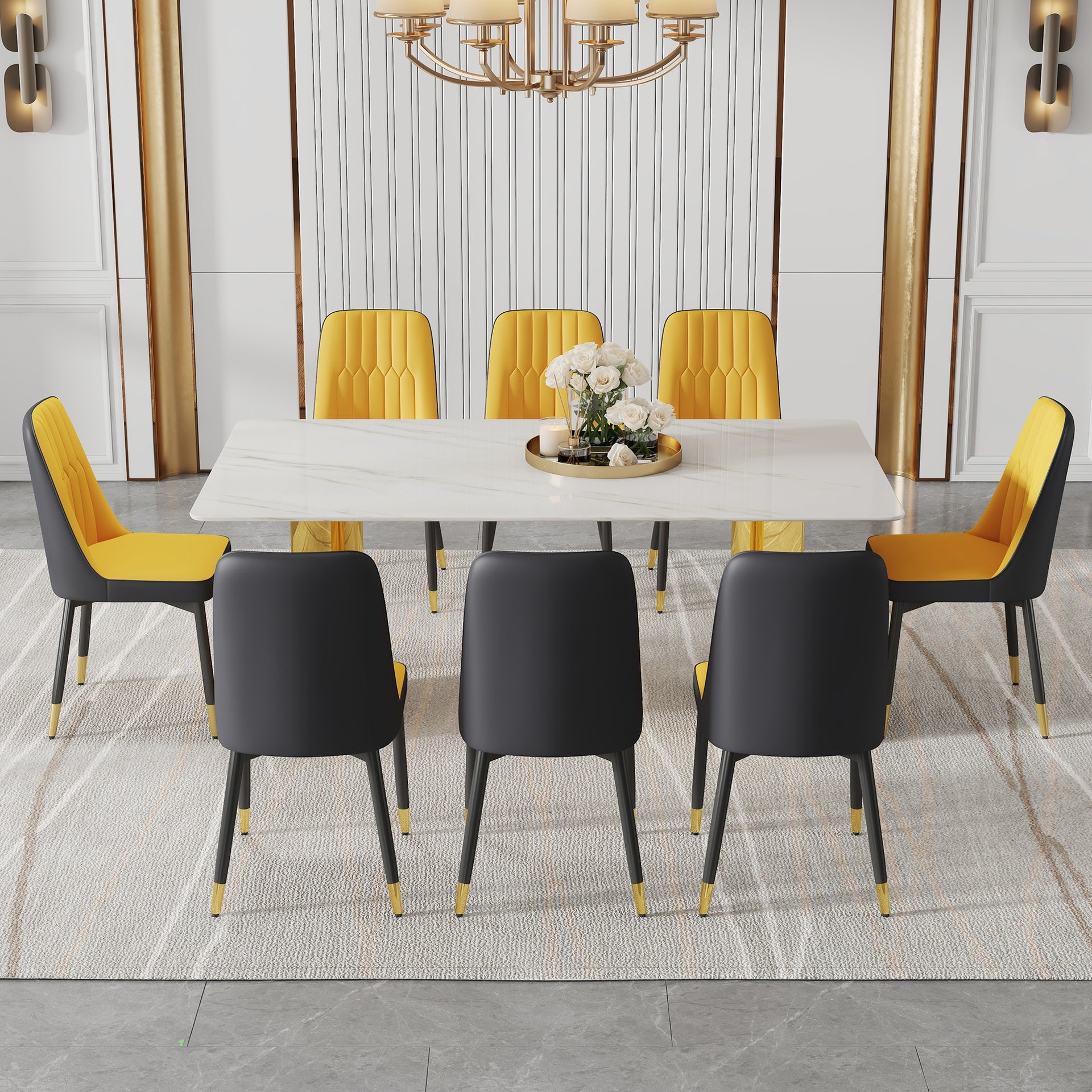 Table and chair set.The table has a glass top with imitation marble pattern stickers and stainless steel golden legs. Paried with 8 Orange and Dark Gray Spliced Color PU Dining Chairs.