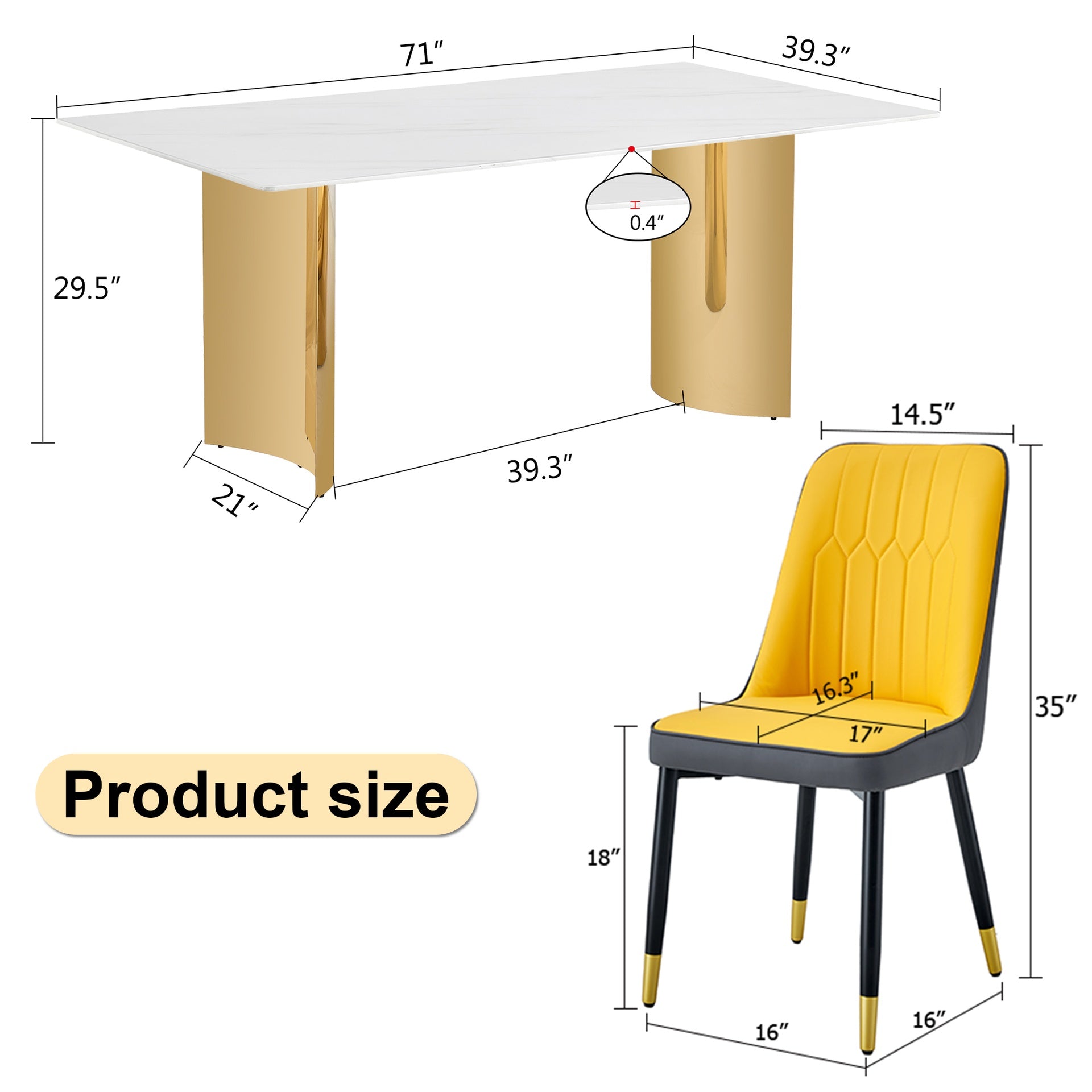 Table and chair set.The table has a glass top with imitation marble pattern stickers and stainless steel golden legs. Paried with 8 Orange and Dark Gray Spliced Color PU Dining Chairs.