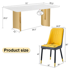 Table and chair set.The table has a glass top with imitation marble pattern stickers and stainless steel golden legs. Paried with 8 Orange and Dark Gray Spliced Color PU Dining Chairs.