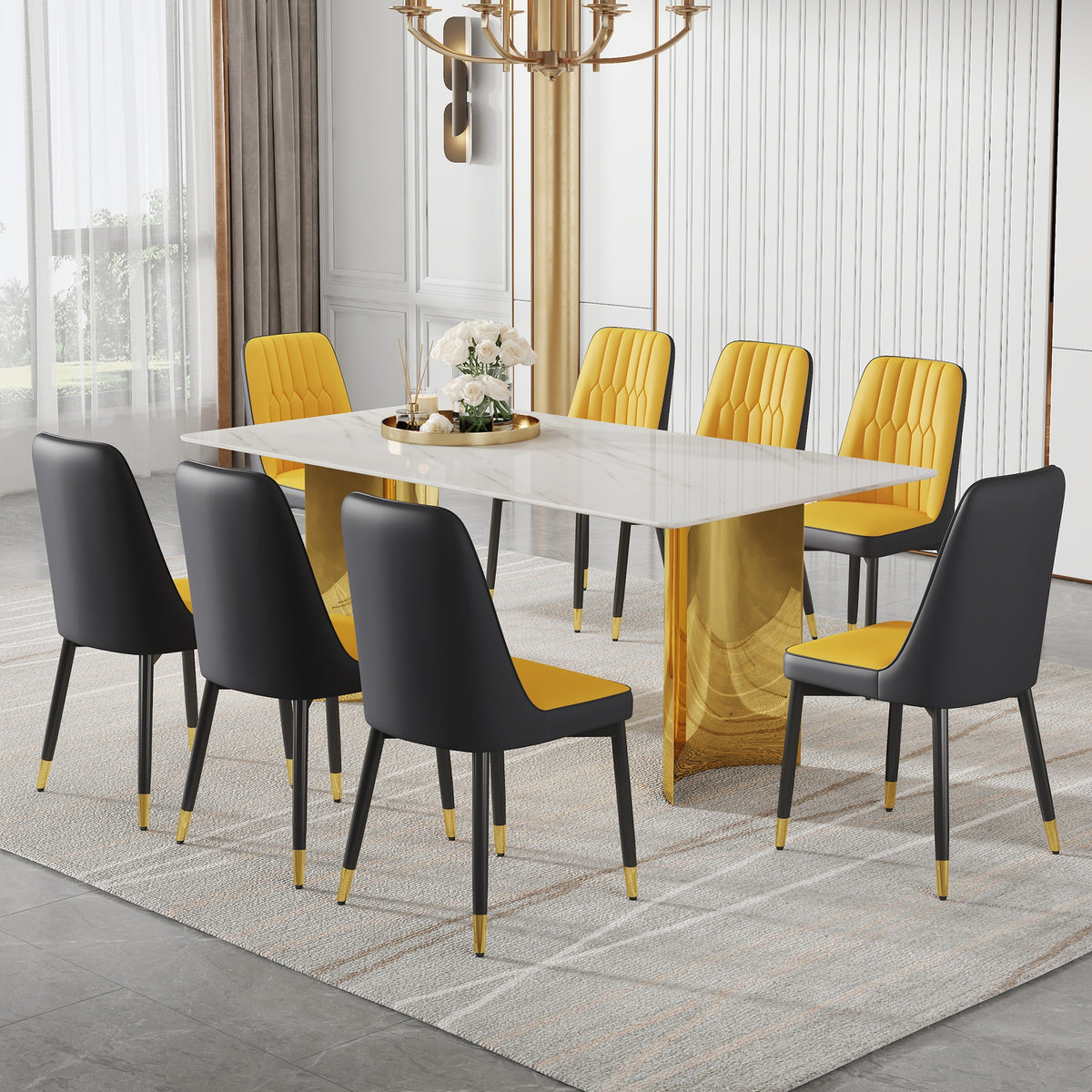Table and chair set.The table has a glass top with imitation marble pattern stickers and stainless steel golden legs. Paried with 8 Orange and Dark Gray Spliced Color PU Dining Chairs.