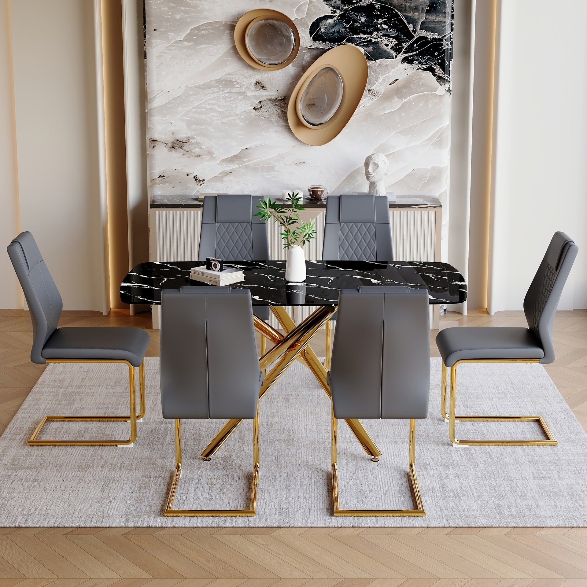 Table and chair set.63"x35.4" Luxurious Black Marble-Patterned Tempered Glass Dining Table.Single Fork Golden Metal Table Legs.Paried With 6 Dark Gray High-quality PU Chairs With Arched Metal Legs.