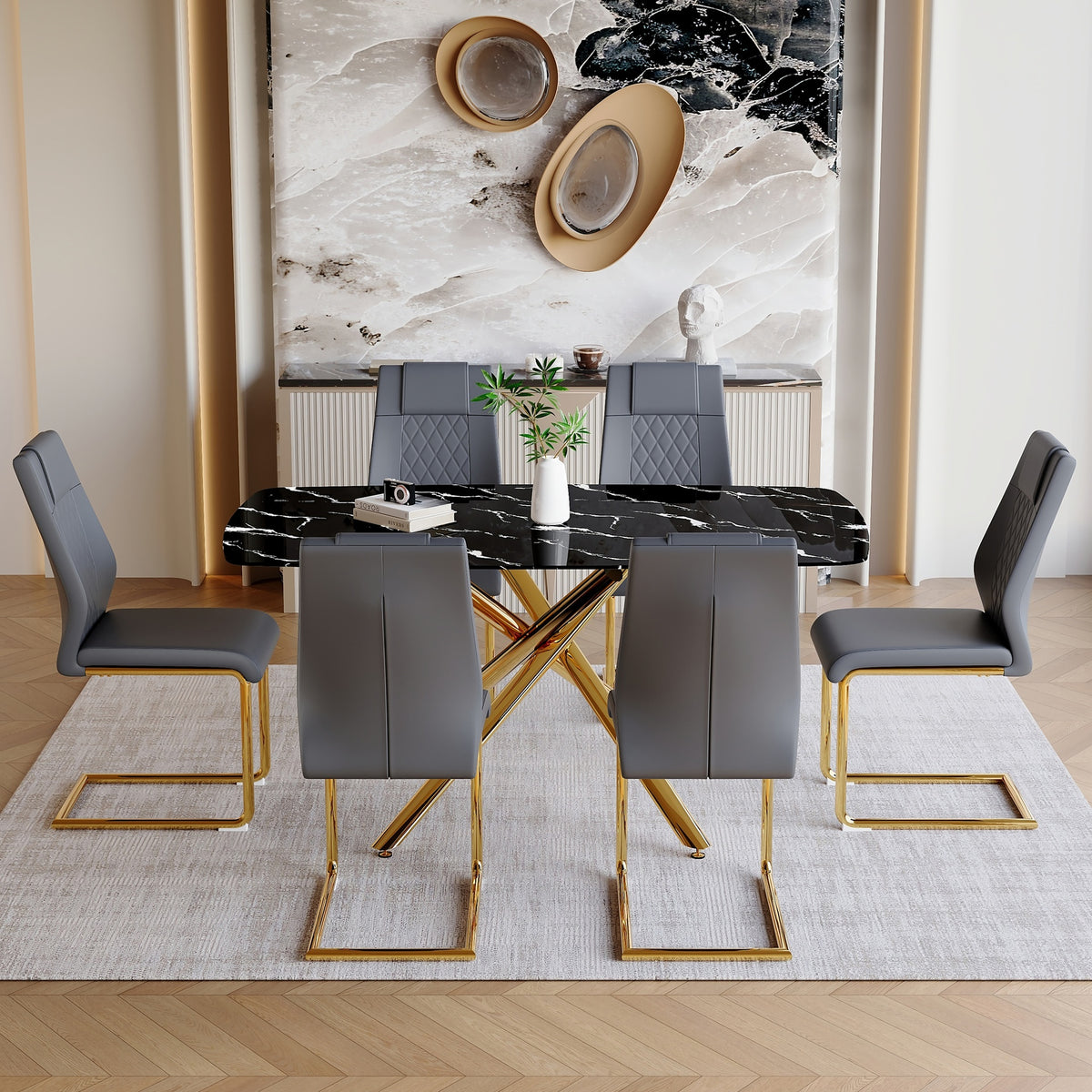 Table and chair set.63"x35.4" Luxurious Black Marble-Patterned Tempered Glass Dining Table.Single Fork Golden Metal Table Legs.Paried With 6 Dark Gray High-quality PU Chairs With Arched Metal Legs.