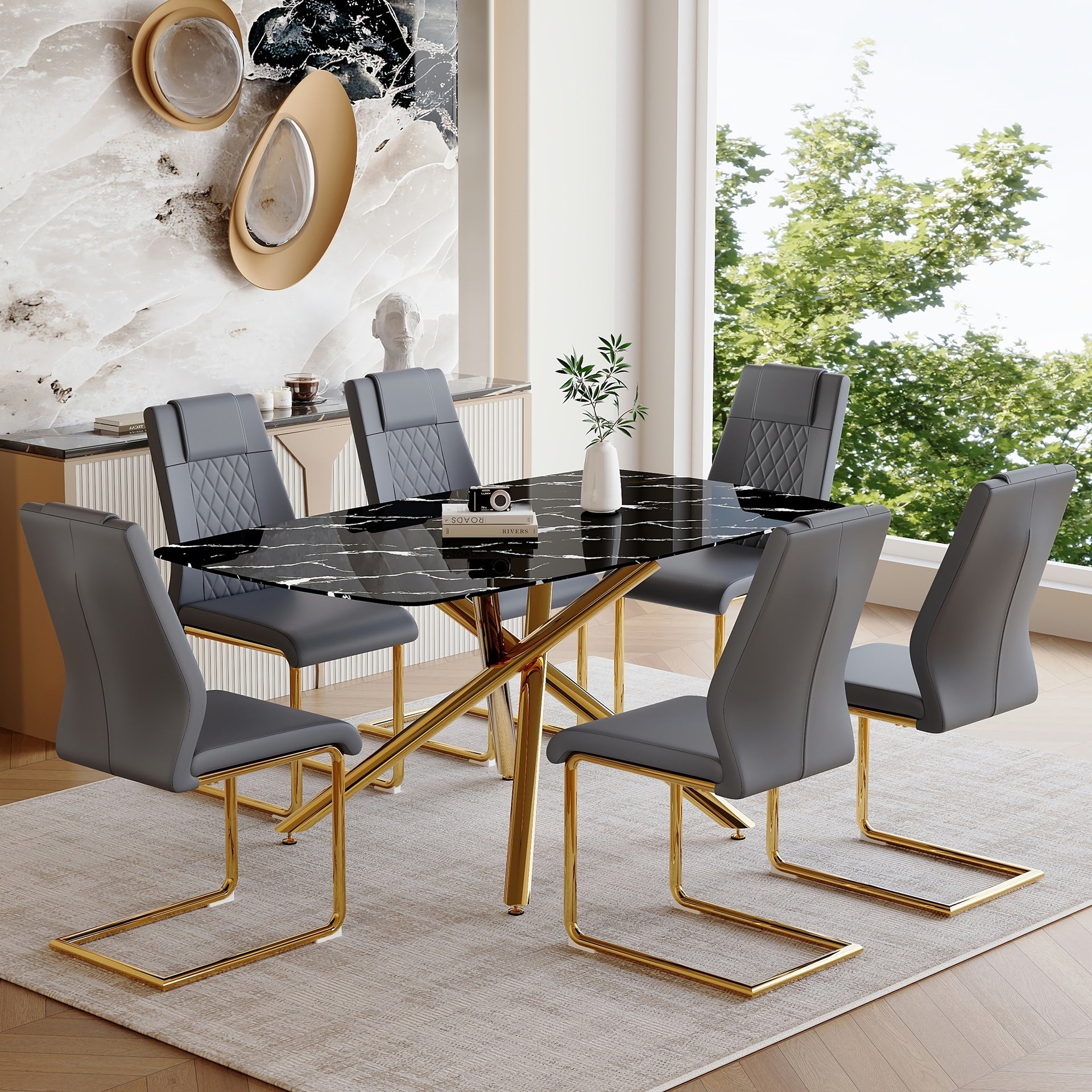 Table and chair set.63"x35.4" Luxurious Black Marble-Patterned Tempered Glass Dining Table.Single Fork Golden Metal Table Legs.Paried With 6 Dark Gray High-quality PU Chairs With Arched Metal Legs.