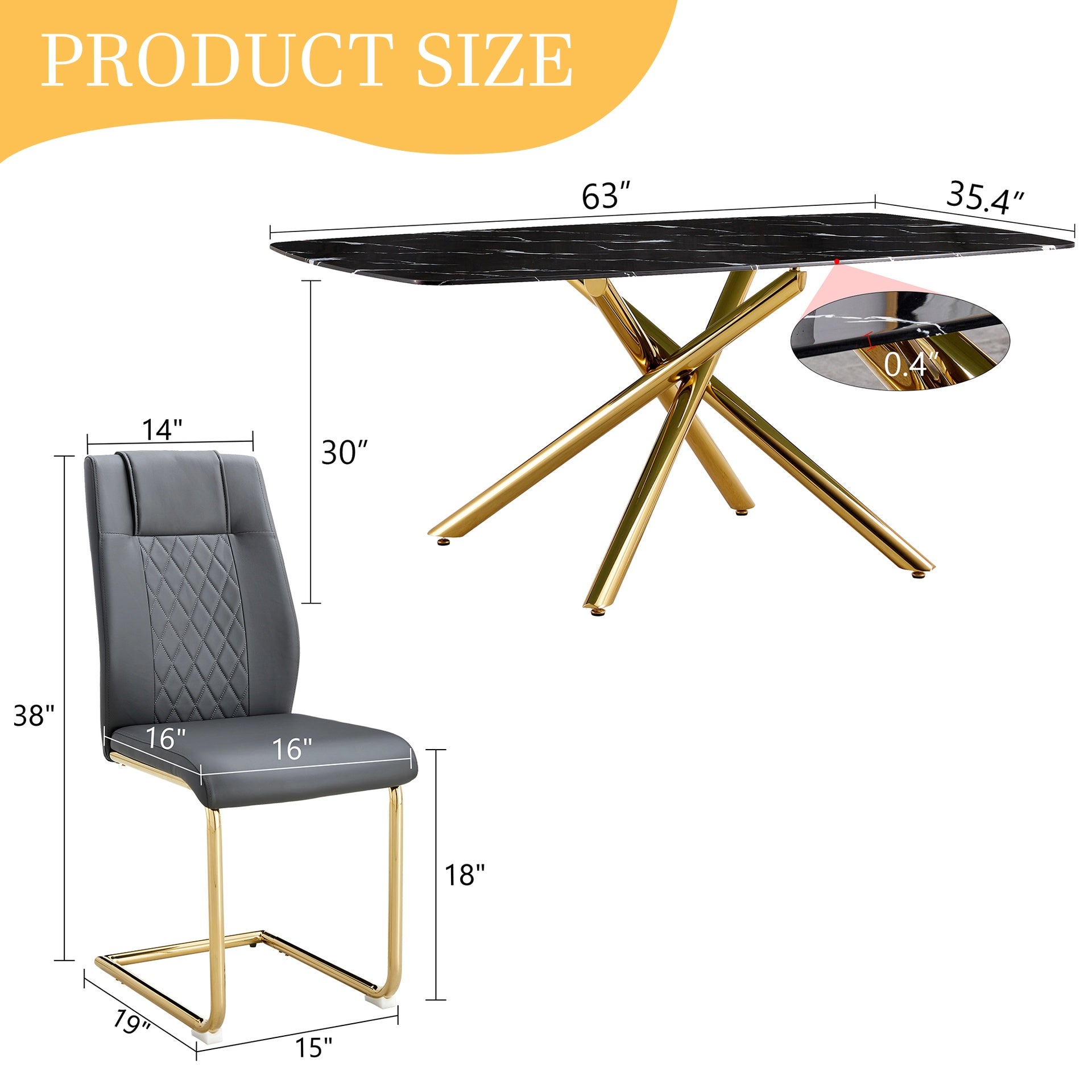 Table and chair set.63"x35.4" Luxurious Black Marble-Patterned Tempered Glass Dining Table.Single Fork Golden Metal Table Legs.Paried With 6 Dark Gray High-quality PU Chairs With Arched Metal Legs.