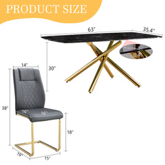 Table and chair set.63"x35.4" Luxurious Black Marble-Patterned Tempered Glass Dining Table.Single Fork Golden Metal Table Legs.Paried With 6 Dark Gray High-quality PU Chairs With Arched Metal Legs.