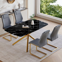 Table and chair set.63"x35.4" Luxurious Black Marble-Patterned Tempered Glass Dining Table.Single Fork Golden Metal Table Legs.Paried With 4 Dark Gray High-quality PU Chairs With Arched Metal Legs.