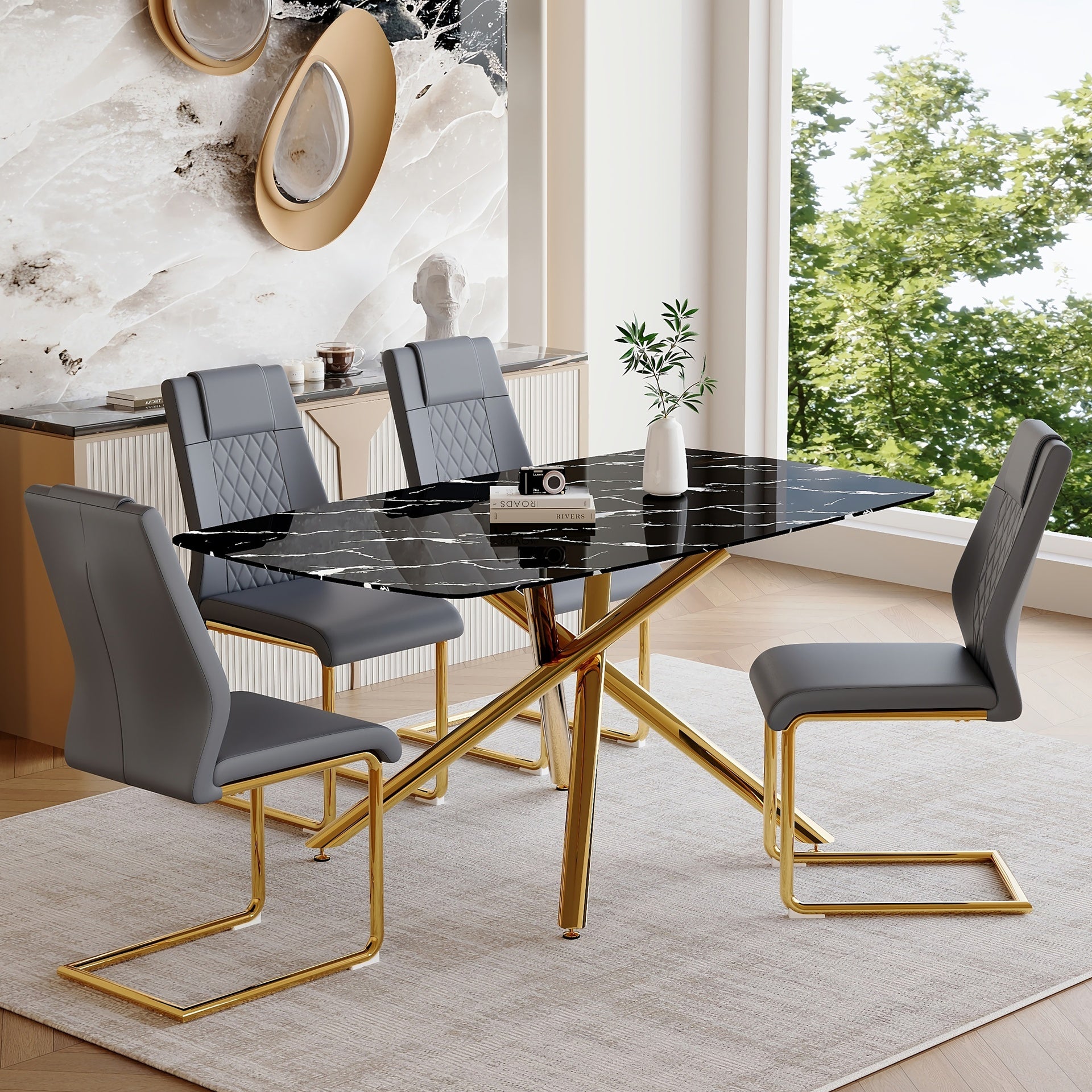 Table and chair set.63"x35.4" Luxurious Black Marble-Patterned Tempered Glass Dining Table.Single Fork Golden Metal Table Legs.Paried With 4 Dark Gray High-quality PU Chairs With Arched Metal Legs.