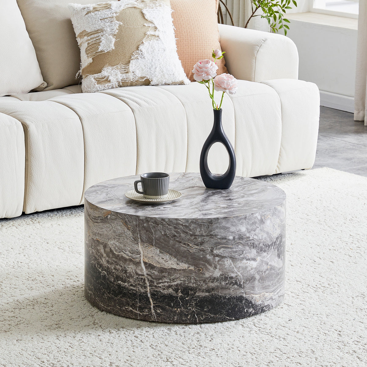 Simple Grey Marble Round MDF Coffee Table: 23.6" Diameter × 11.8" Height, Modern Minimalist Style, Perfect for Living Room, Apartment & Home Decor.No Need Assembly.