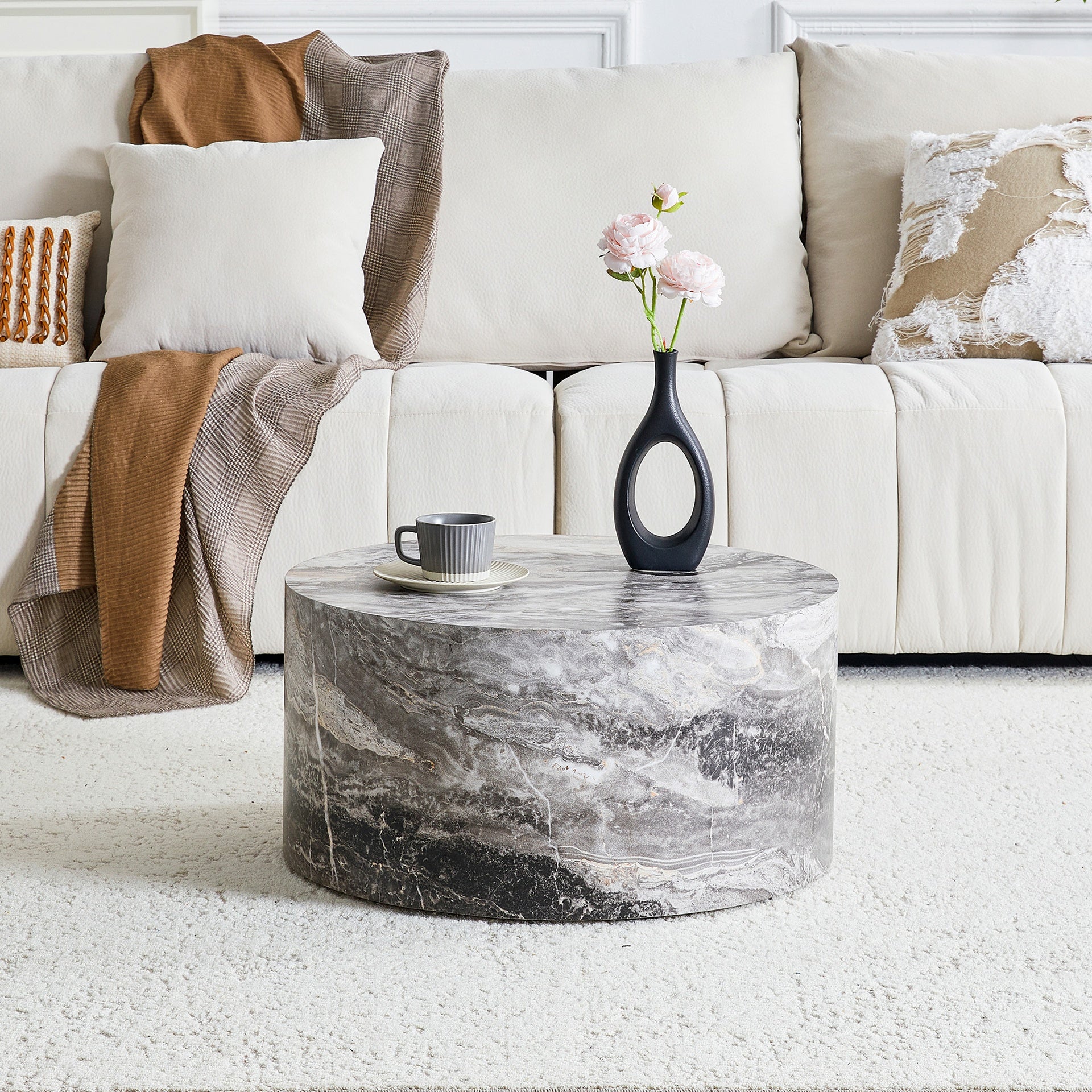 Simple Grey Marble Round MDF Coffee Table: 23.6" Diameter × 11.8" Height, Modern Minimalist Style, Perfect for Living Room, Apartment & Home Decor.No Need Assembly.