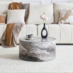 Simple Grey Marble Round MDF Coffee Table: 23.6" Diameter × 11.8" Height, Modern Minimalist Style, Perfect for Living Room, Apartment & Home Decor.No Need Assembly.