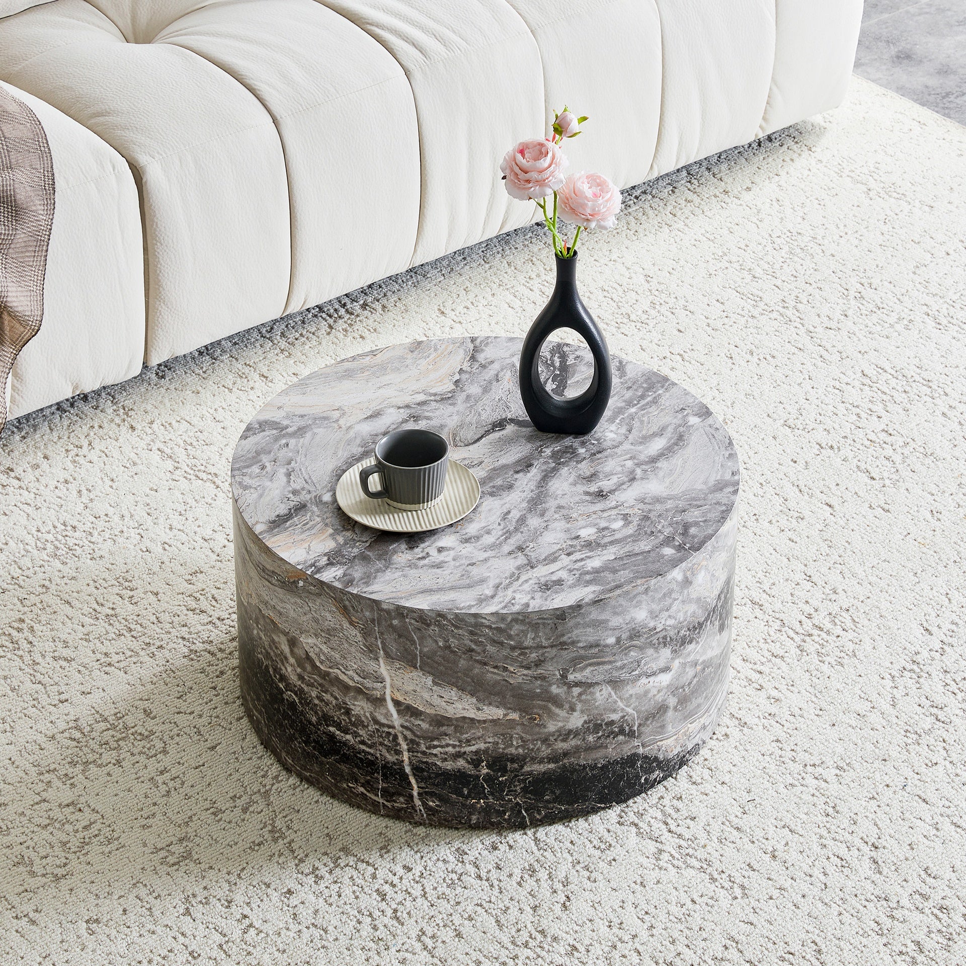 Simple Grey Marble Round MDF Coffee Table: 23.6" Diameter × 11.8" Height, Modern Minimalist Style, Perfect for Living Room, Apartment & Home Decor.No Need Assembly.