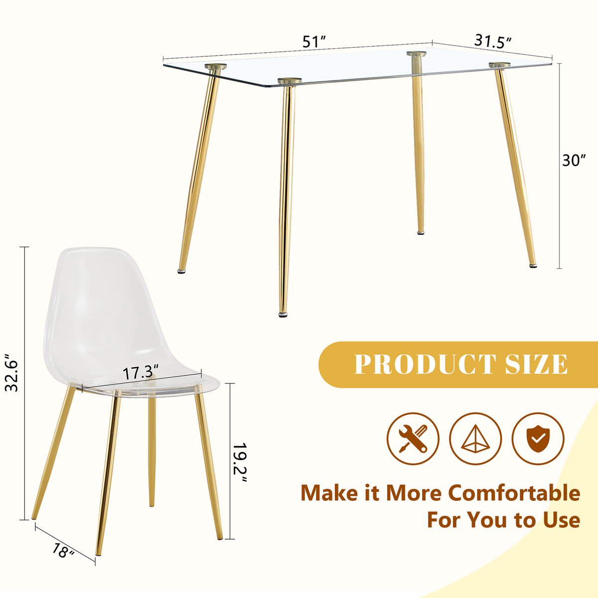 Table and chair set.Modern Luxurious Rectangular Tempered Glass Dining Table Set- with 6 Transparent Plastic Chairs with Gold Metal Legs.Bring a comfortable home experience to the kitchen.W1151S03486