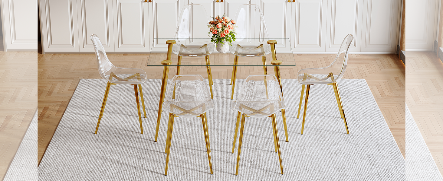 Table and chair set.Modern Luxurious Rectangular Tempered Glass Dining Table Set- with 6 Transparent Plastic Chairs with Gold Metal Legs.Bring a comfortable home experience to the kitchen.W1151S03486