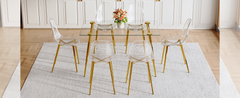 Table and chair set.Modern Luxurious Rectangular Tempered Glass Dining Table Set- with 6 Transparent Plastic Chairs with Gold Metal Legs.Bring a comfortable home experience to the kitchen.W1151S03486