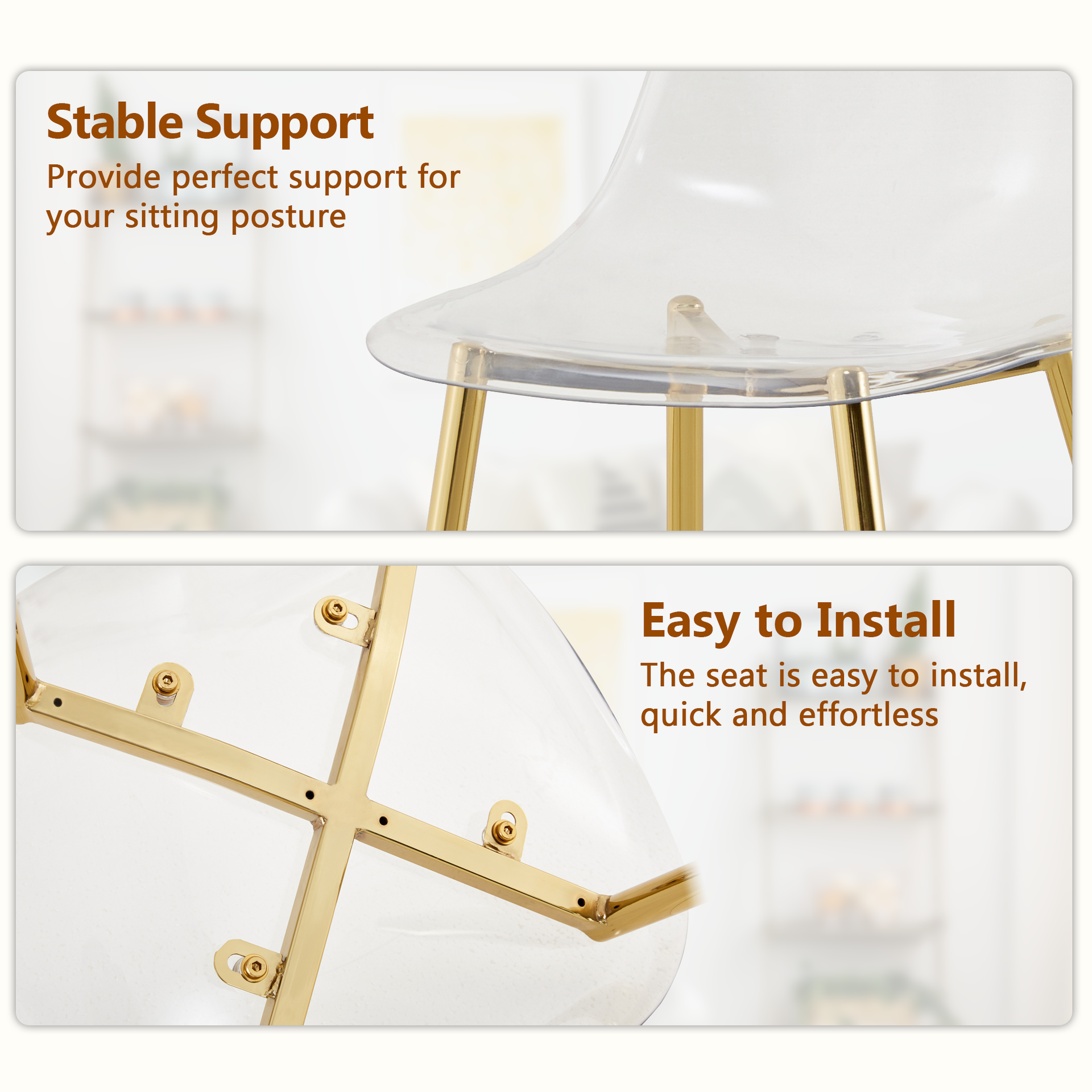 Table and chair set.Modern Luxurious Rectangular Tempered Glass Dining Table Set- with 6 Transparent Plastic Chairs with Gold Metal Legs.Bring a comfortable home experience to the kitchen.W1151S03486