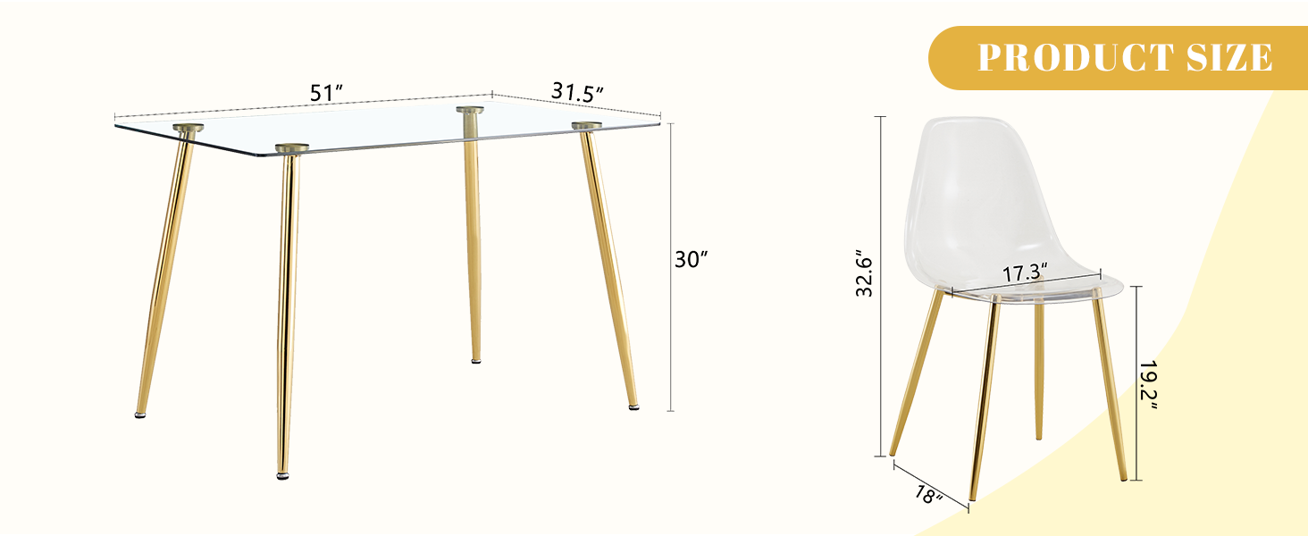 Table and chair set.Modern Luxurious Rectangular Tempered Glass Dining Table Set- with 6 Transparent Plastic Chairs with Gold Metal Legs.Bring a comfortable home experience to the kitchen.W1151S03486