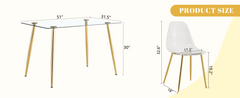 Table and chair set.Modern Luxurious Rectangular Tempered Glass Dining Table Set- with 6 Transparent Plastic Chairs with Gold Metal Legs.Bring a comfortable home experience to the kitchen.W1151S03486
