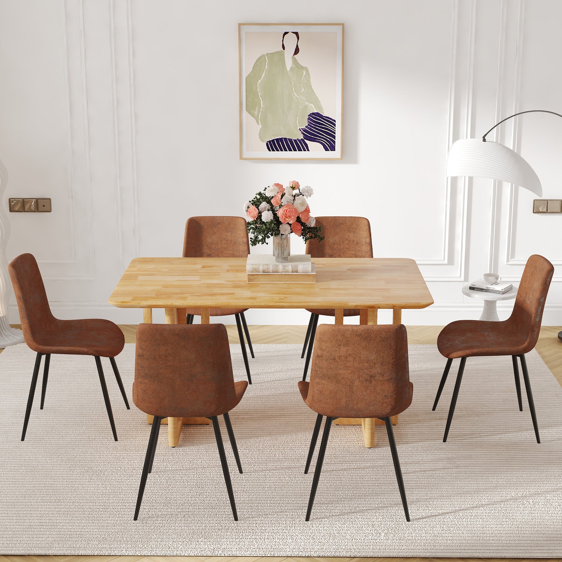 Table and chair set.Ancient Style Solid Wood Dining Table, Imitation Rattan Table Legs.6 Comfortable Technology-Fabric Brown Chairs With Curved Widened Cushion Design.