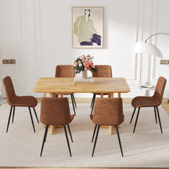 Table and chair set.Ancient Style Solid Wood Dining Table, Imitation Rattan Table Legs.6 Comfortable Technology-Fabric Brown Chairs With Curved Widened Cushion Design.