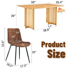 Table and chair set.Ancient Style Solid Wood Dining Table, Imitation Rattan Table Legs.6 Comfortable Technology-Fabric Brown Chairs With Curved Widened Cushion Design.