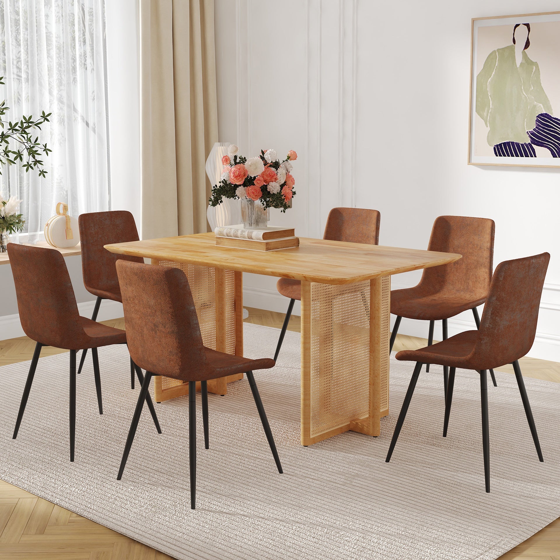 Table and chair set.Ancient Style Solid Wood Dining Table, Imitation Rattan Table Legs.6 Comfortable Technology-Fabric Brown Chairs With Curved Widened Cushion Design.