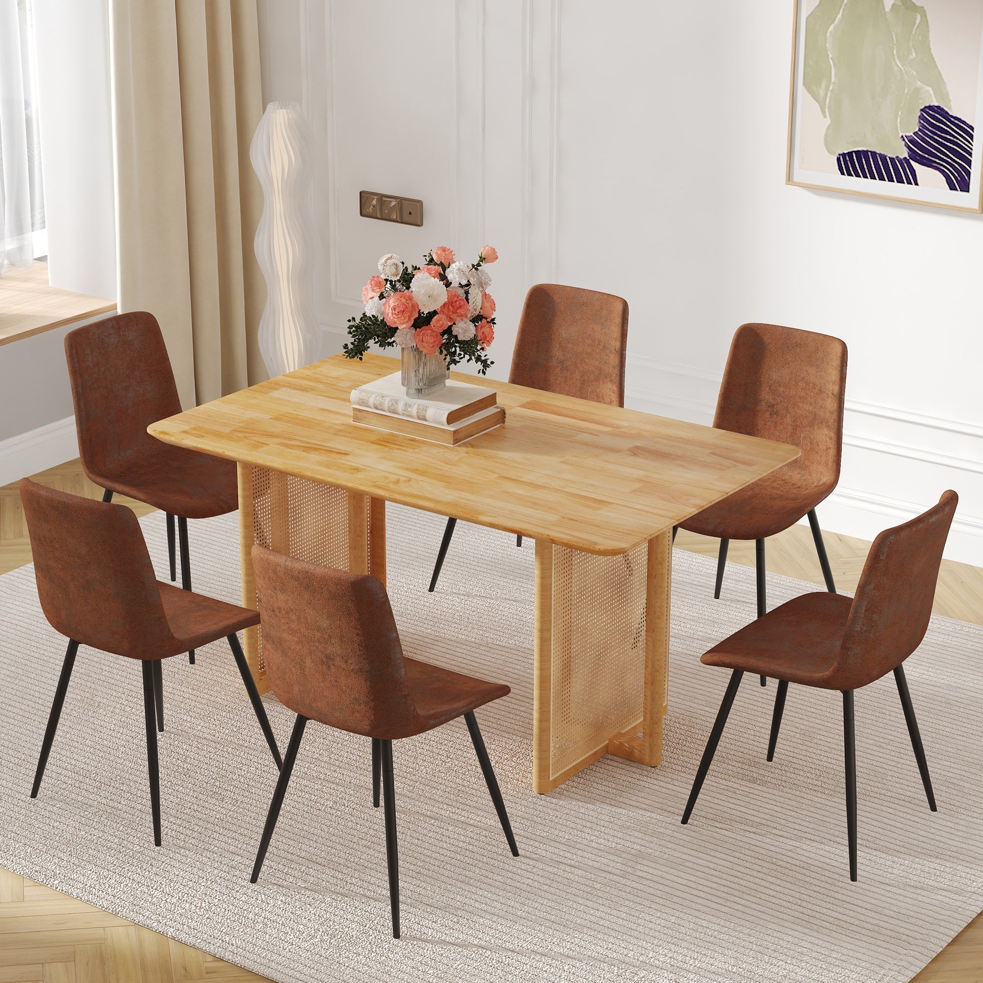 Table and chair set.Ancient Style Solid Wood Dining Table, Imitation Rattan Table Legs.6 Comfortable Technology-Fabric Brown Chairs With Curved Widened Cushion Design.