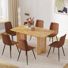 Table and chair set.Ancient Style Solid Wood Dining Table, Imitation Rattan Table Legs.6 Comfortable Technology-Fabric Brown Chairs With Curved Widened Cushion Design.