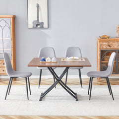 Table and chair set.Modern Multifunctional Lifting Platform,Walnut Wood Grain Sticker MDF Desktop, Black Metal Legs.Paired With 4 Light Gray Linen-Cotton Material High Resilience Dining Chairs.
