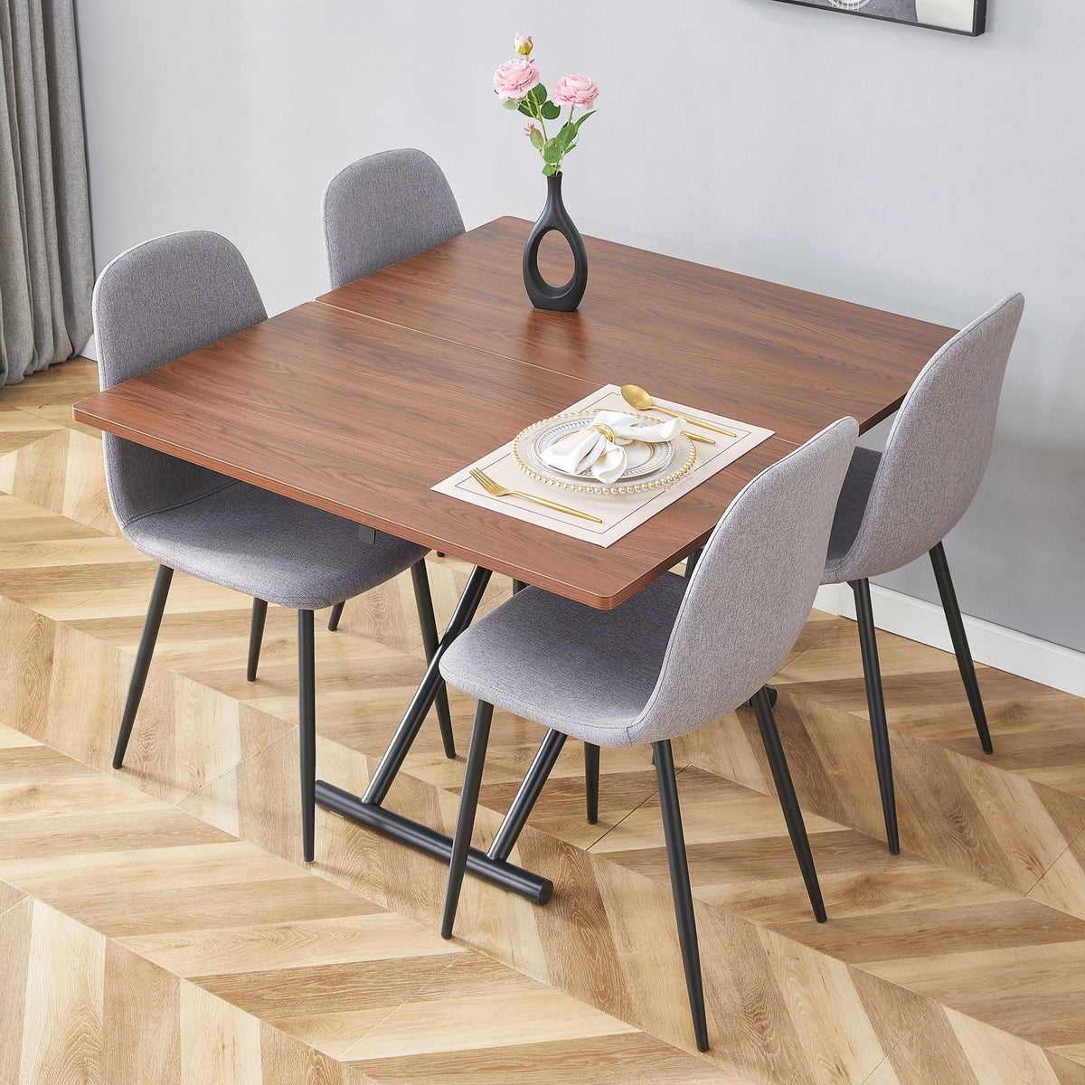 Table and chair set.Modern Multifunctional Lifting Platform,Walnut Wood Grain Sticker MDF Desktop, Black Metal Legs.Paired With 4 Light Gray Linen-Cotton Material High Resilience Dining Chairs.