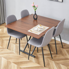 Table and chair set.Modern Multifunctional Lifting Platform,Walnut Wood Grain Sticker MDF Desktop, Black Metal Legs.Paired With 4 Light Gray Linen-Cotton Material High Resilience Dining Chairs.