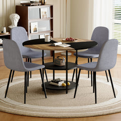 Table and chair set.A 47.3-inch diameter modern splicing circular dining table - double-layer storage.Paired With 4 Light Gray Linen-Cotton Material High Resilience Dining Chair with Metal Leg.