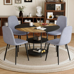 Table and chair set.A 47.3-inch diameter modern splicing circular dining table - double-layer storage.Paired With 4 Light Gray Linen-Cotton Material High Resilience Dining Chair with Metal Leg.